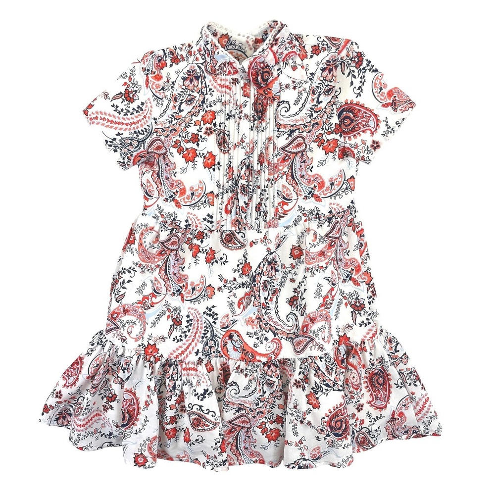 Janie and Jack Paisley Drop Waist Shirt Dress Girls 5 White Red Blue Ruffle Hem